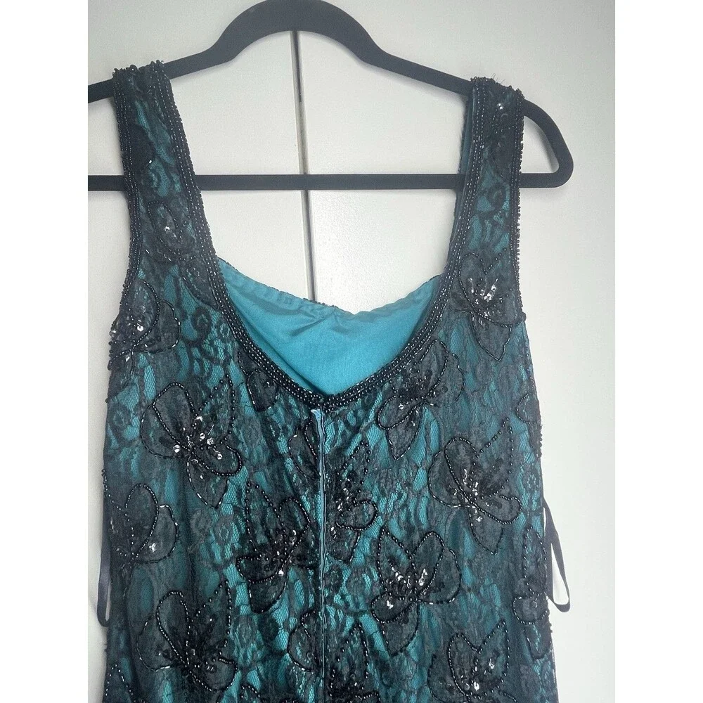 Vintage Brilliante by J.A. Black Silk Beaded with Emerald Green Evening Gown. - Picture 3 of 11